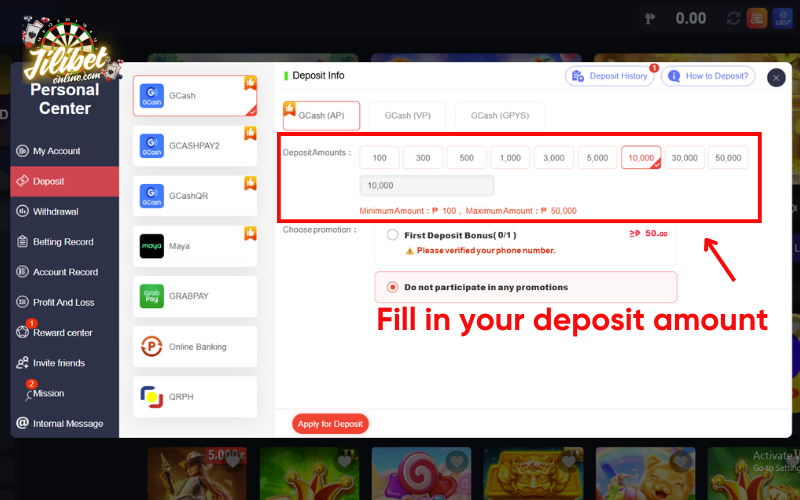 Jilibet Cash In Guide 4 fill-in-your-deposit-amount